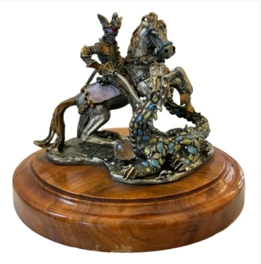 Vintage St. George Fighting the Dragon Bronze Statue Warrior Figurine Wood Base - Picture 4 of 11